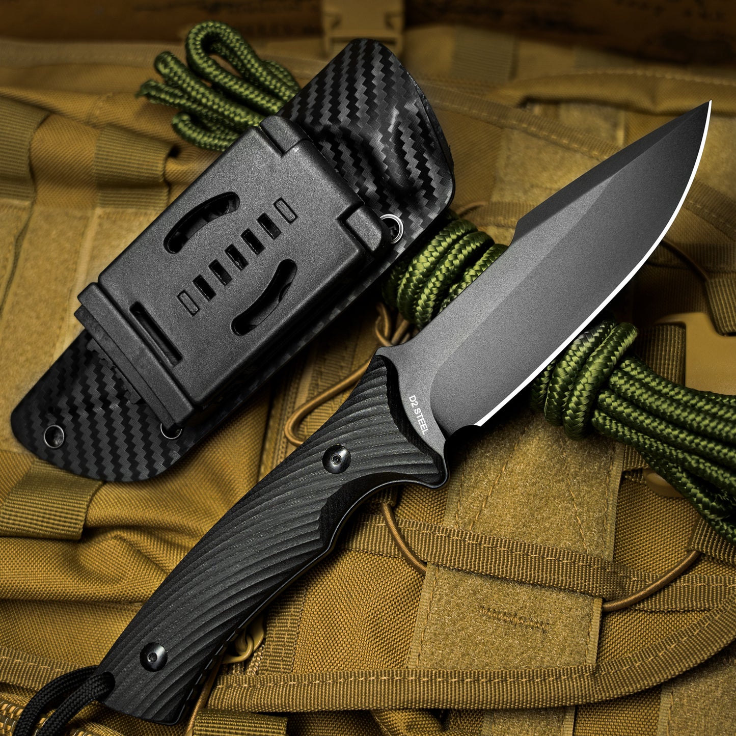 LOTHAR KA52 Survival Knife, 4.5'' D2 Blade Full Tang Fixed Blade Hunting Knife with Kydex Sheath, Black G10 Handle,  Great Knife for Camping, Bushcraft or Hunting
