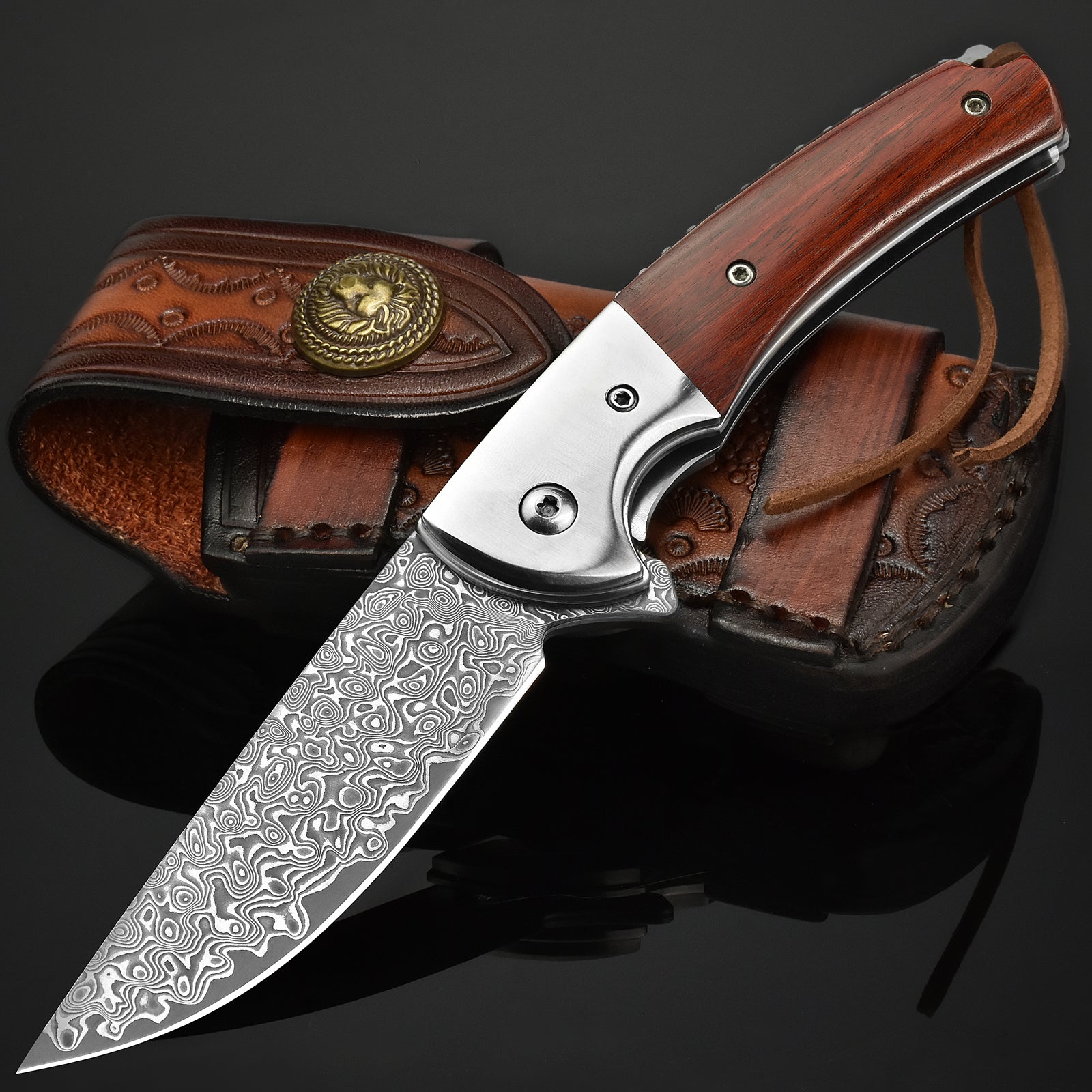 LOTHAR FLAMINGO Damascus Pocket Knife, 3 inch 67 Layers VG10 Damascus Steel Blade EDC Folding Knife, Exquisite Rosewood Handle,  Include One Leather Sheath