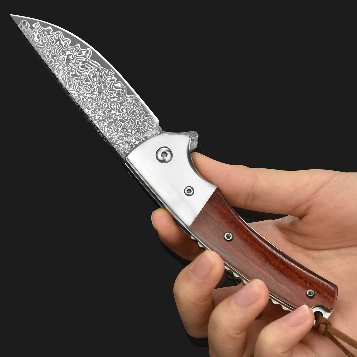 LOTHAR FLAMINGO Damascus Pocket Knife, 3 inch 67 Layers VG10 Damascus Steel Blade EDC Folding Knife, Exquisite Rosewood Handle,  Include One Leather Sheath