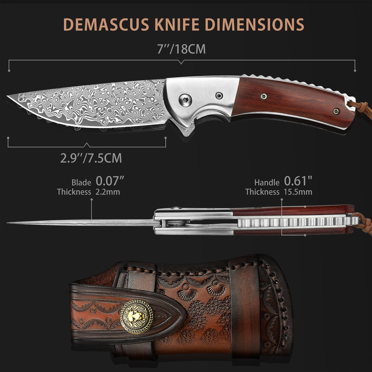 LOTHAR FLAMINGO Damascus Pocket Knife, 3 inch 67 Layers VG10 Damascus Steel Blade EDC Folding Knife, Exquisite Rosewood Handle,  Include One Leather Sheath