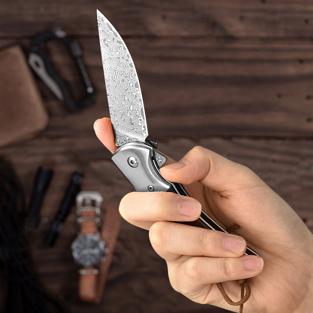 LOTHAR FLAMINGO Damascus Pocket Knife, 3 inch 67 Layers VG10 Damascus Steel Blade EDC Folding Knife, Exquisite Rosewood Handle,  Include One Leather Sheath