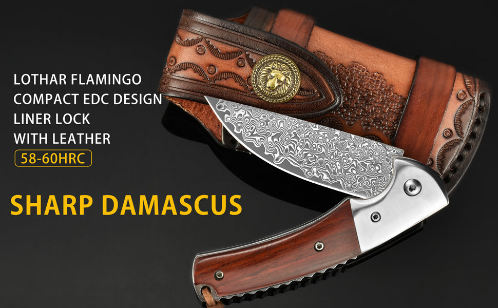 LOTHAR FLAMINGO Damascus Pocket Knife, 3 inch 67 Layers VG10 Damascus Steel Blade EDC Folding Knife, Exquisite Rosewood Handle,  Include One Leather Sheath