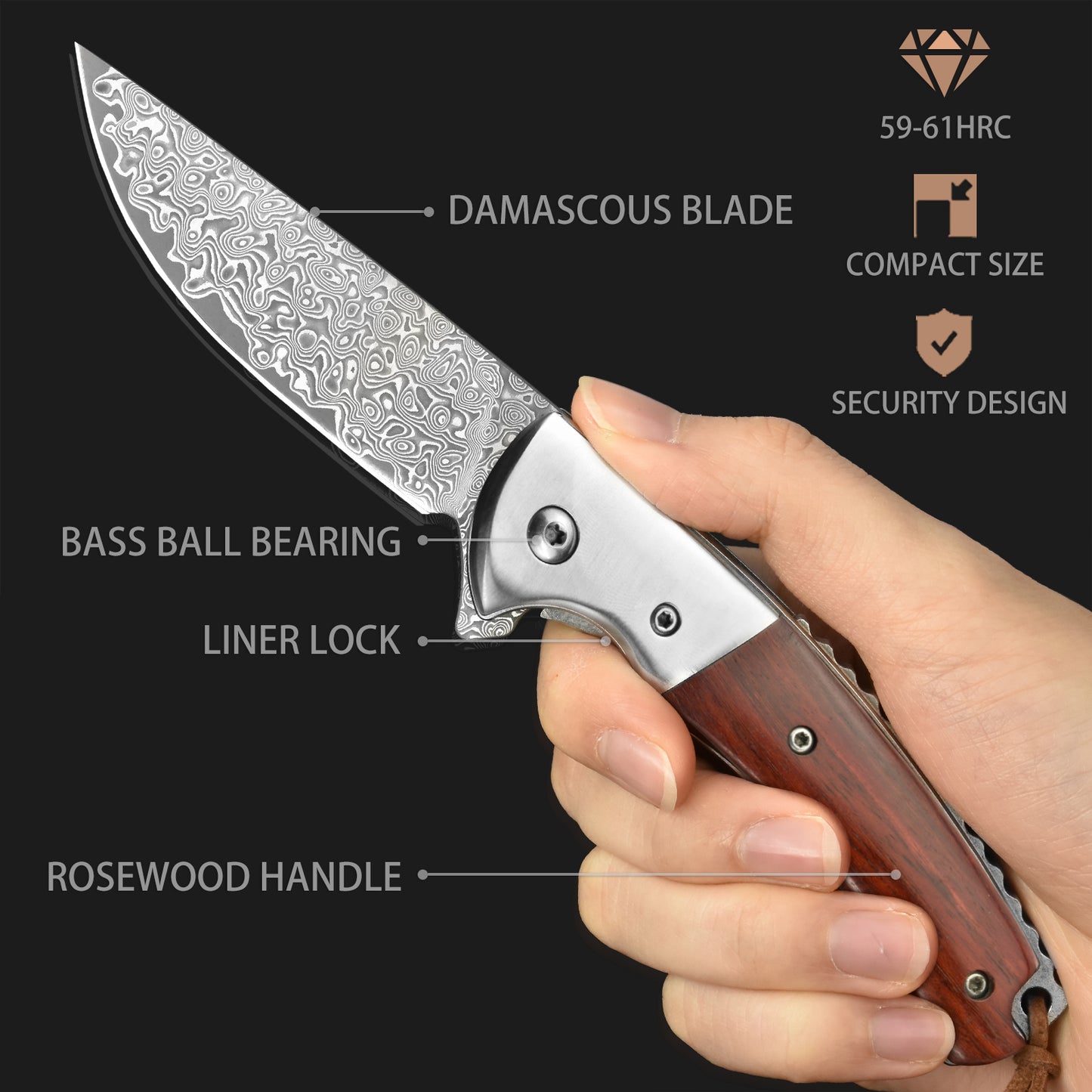 LOTHAR FLAMINGO Damascus Pocket Knife, 3 inch 67 Layers VG10 Damascus Steel Blade EDC Folding Knife, Exquisite Rosewood Handle,  Include One Leather Sheath