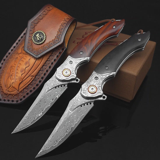 LOTHAR TUNA Damascus Pocket Knife, 3.3" Damascus VG10 Folding Knife with Retro Leather Sheath