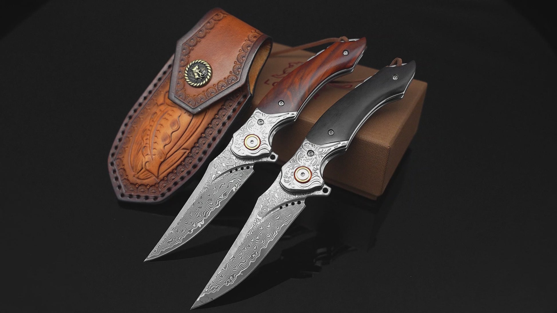 LOTHAR TUNA Damascus Pocket Knife, 3.3" Damascus VG10 Folding Knife with Retro Leather Sheath