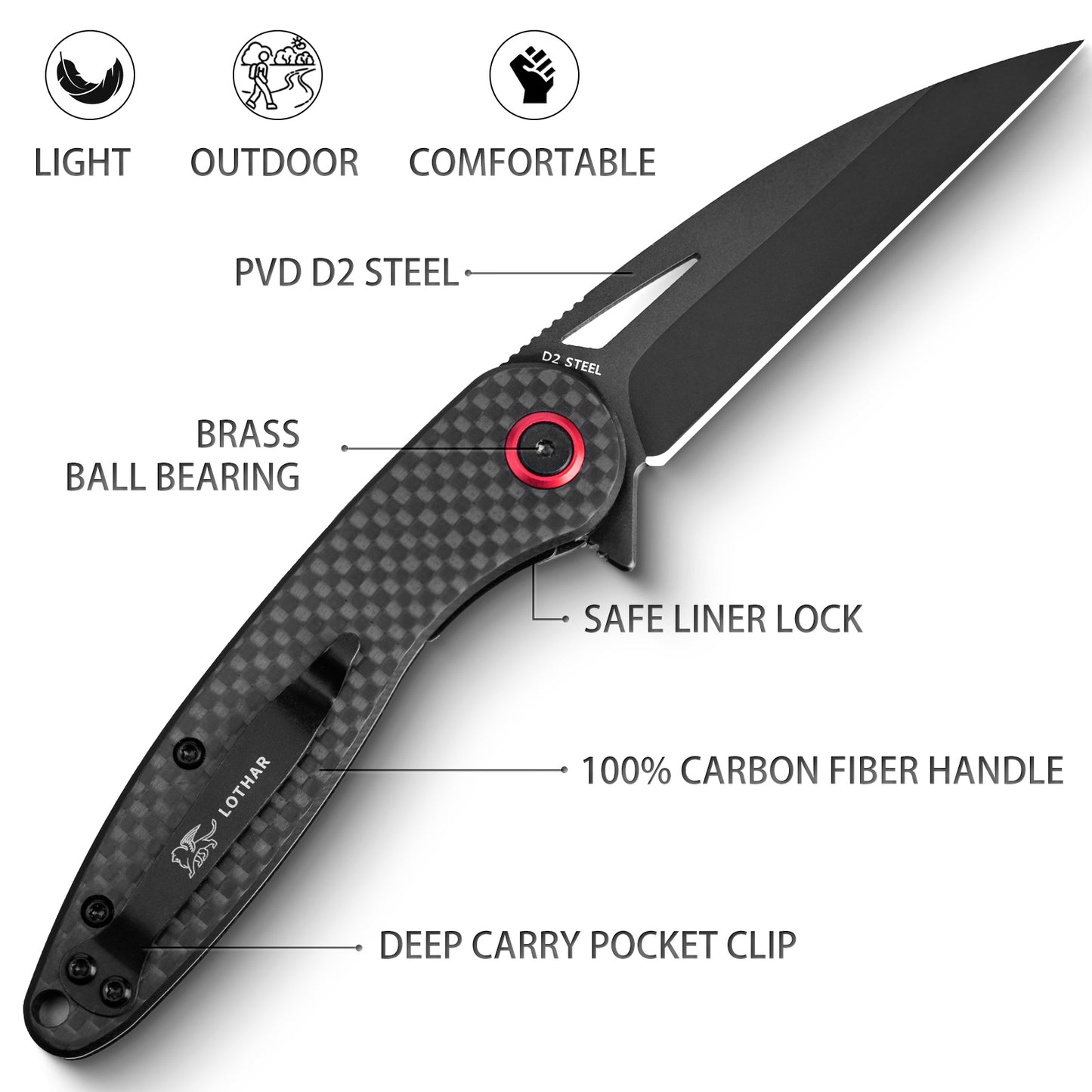 LOTHAR Seagull Pocket Knife, 3" D2 Steel Blade EDC Knife, Carbon fiber Handle, 2.3oz Weight, Liner Lock