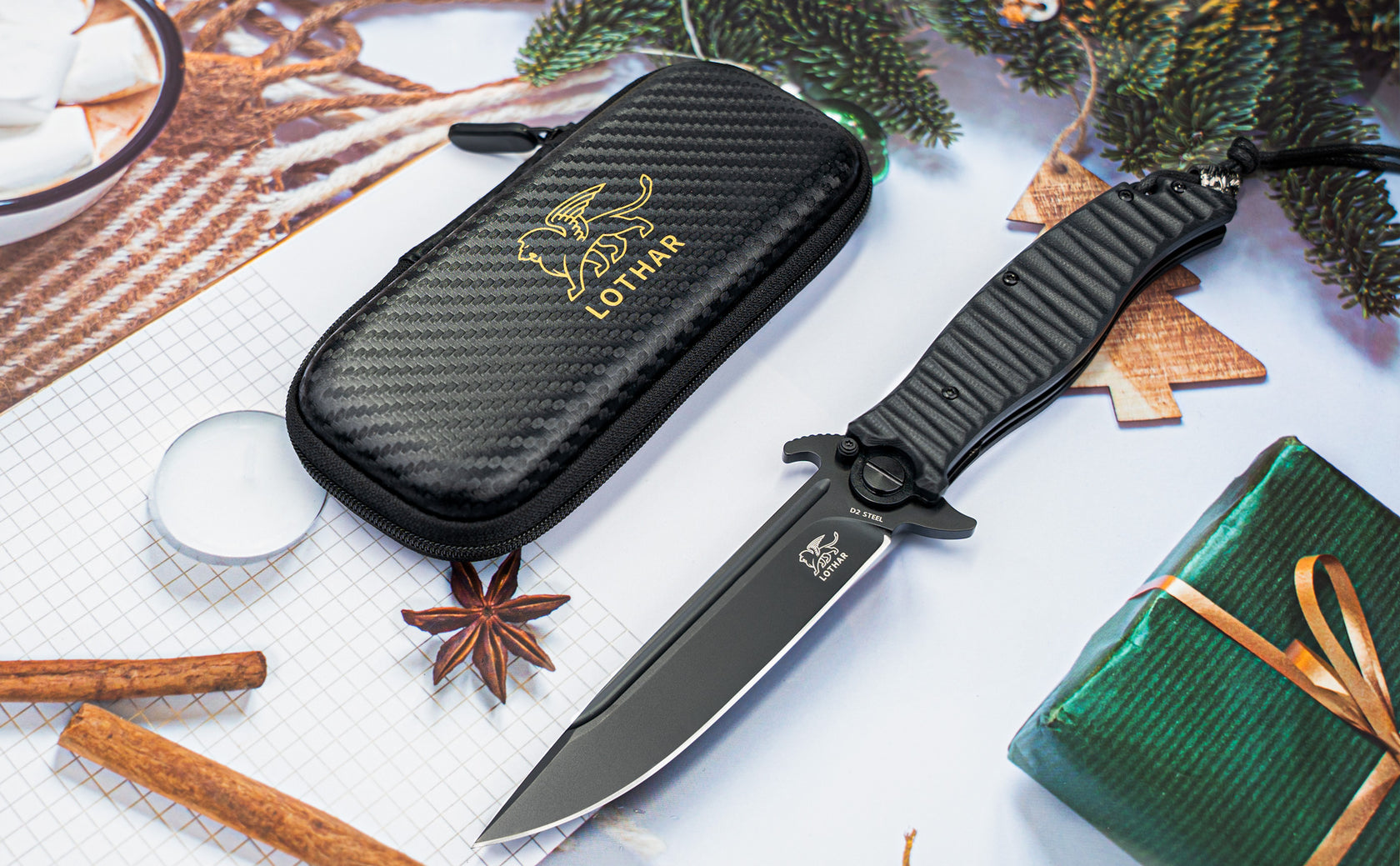 LOTHAR PHOENIX Large Pocket Knife, 5‘’ D2 Steel Blade Hunting Folding LOTHAR KNIFE