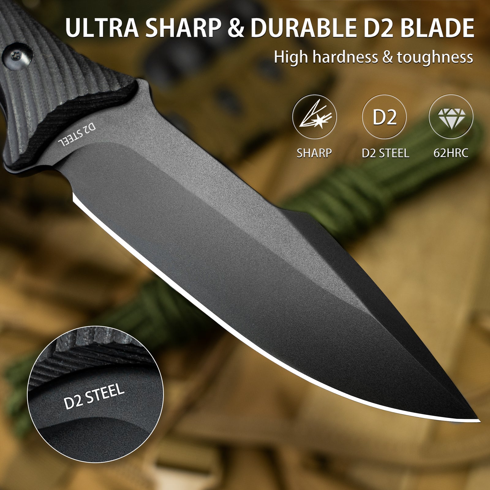 LOTHAR Bat Fixed Blade Knife, 5'' Sharp D2 Steel Blade Survival