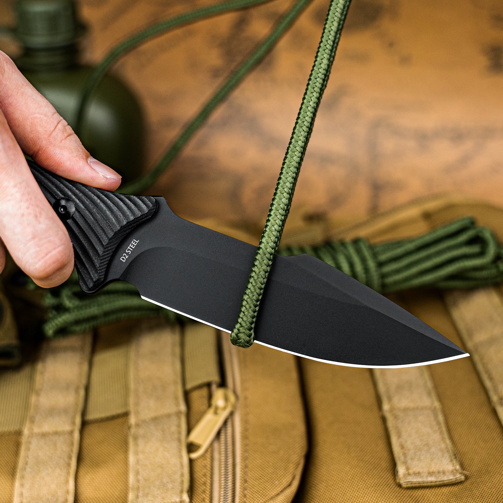 LOTHAR KA52 Survival Knife, 4.5'' D2 Blade Full Tang Fixed Blade Hunting Knife with Kydex Sheath, Black G10 Handle,  Great Knife for Camping, Bushcraft or Hunting