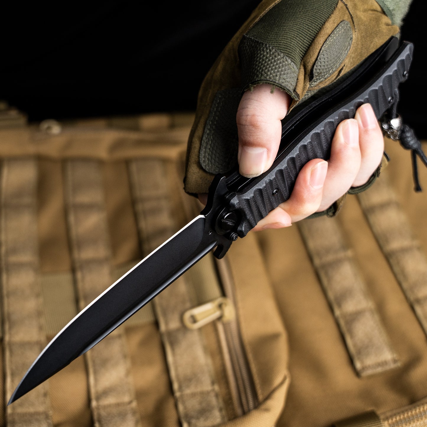 LOTHAR PHOENIX Large Pocket Knife, 5‘’ D2 Steel Blade Hunting Folding Knife, Black G10 Handle, Huge Tactical Pocket Knife, Flipper Assisted Opening
