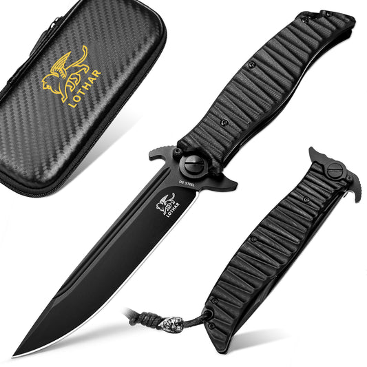 LOTHAR PHOENIX Large Pocket Knife, 5‘’ D2 Steel Blade Hunting Folding Knife, Black G10 Handle, Huge Tactical Pocket Knife, Flipper Assisted Opening