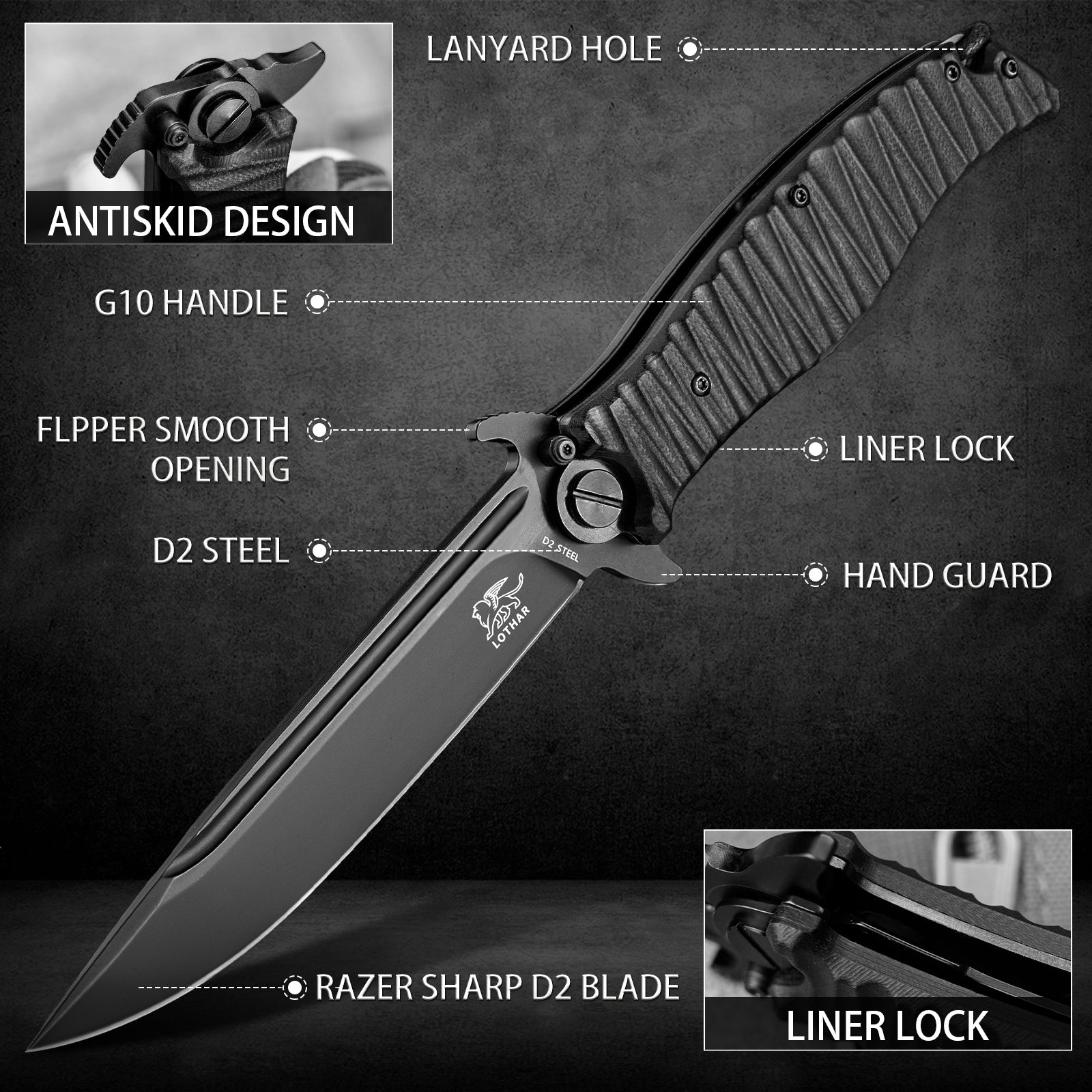 LOTHAR PHOENIX Large Pocket Knife, 5‘’ D2 Steel Blade Hunting Folding Knife, Black G10 Handle, Huge Tactical Pocket Knife, Flipper Assisted Opening