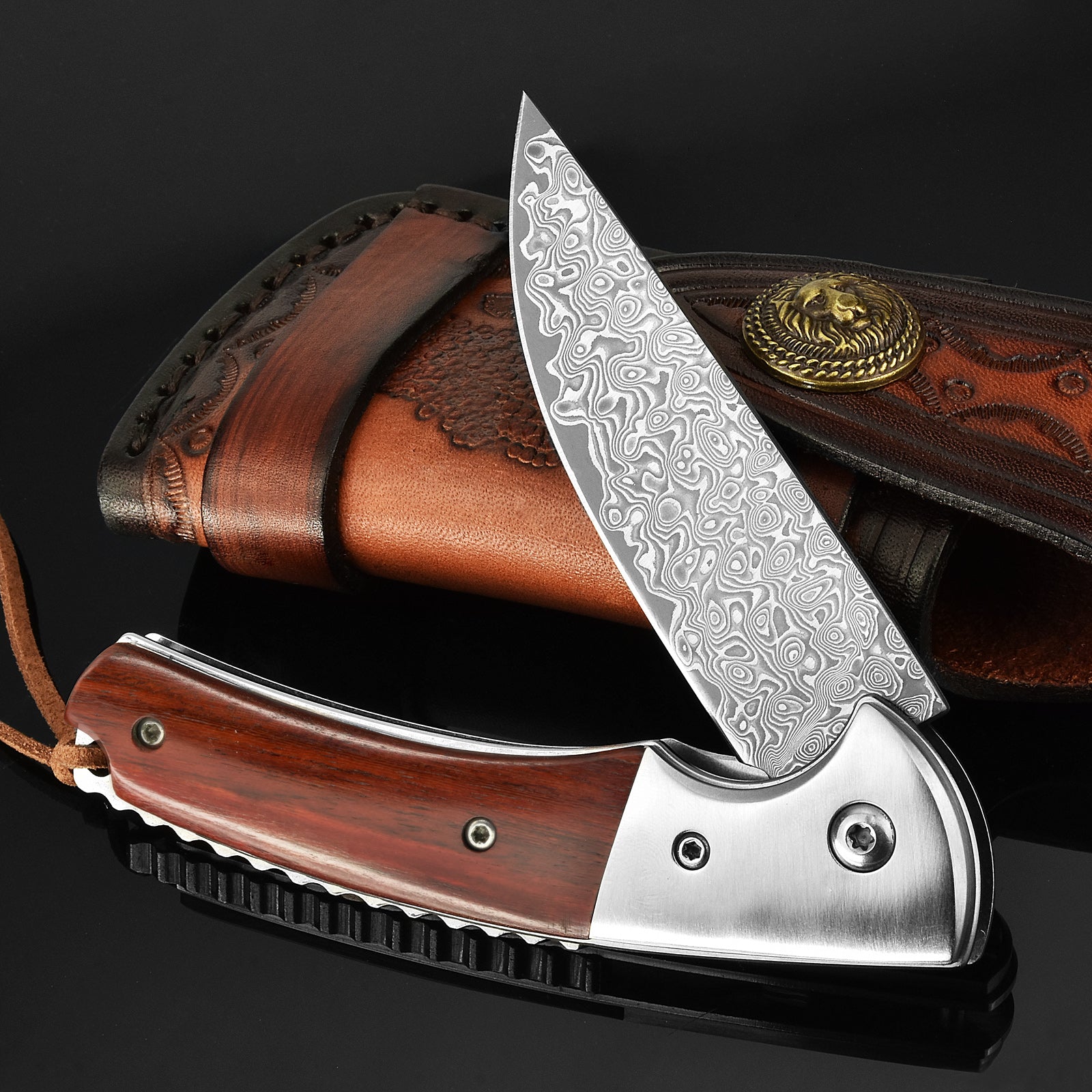 LOTHAR FLAMINGO Damascus Pocket Knife, 3 inch 67 Layers VG10 Damascus Steel Blade EDC Folding Knife, Exquisite Rosewood Handle,  Include One Leather Sheath