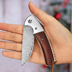 LOTHAR FLAMINGO Damascus Pocket Knife, 3 inch 67 Layers VG10 Damascus Steel Blade EDC Folding Knife, Exquisite Rosewood Handle,  Include One Leather Sheath